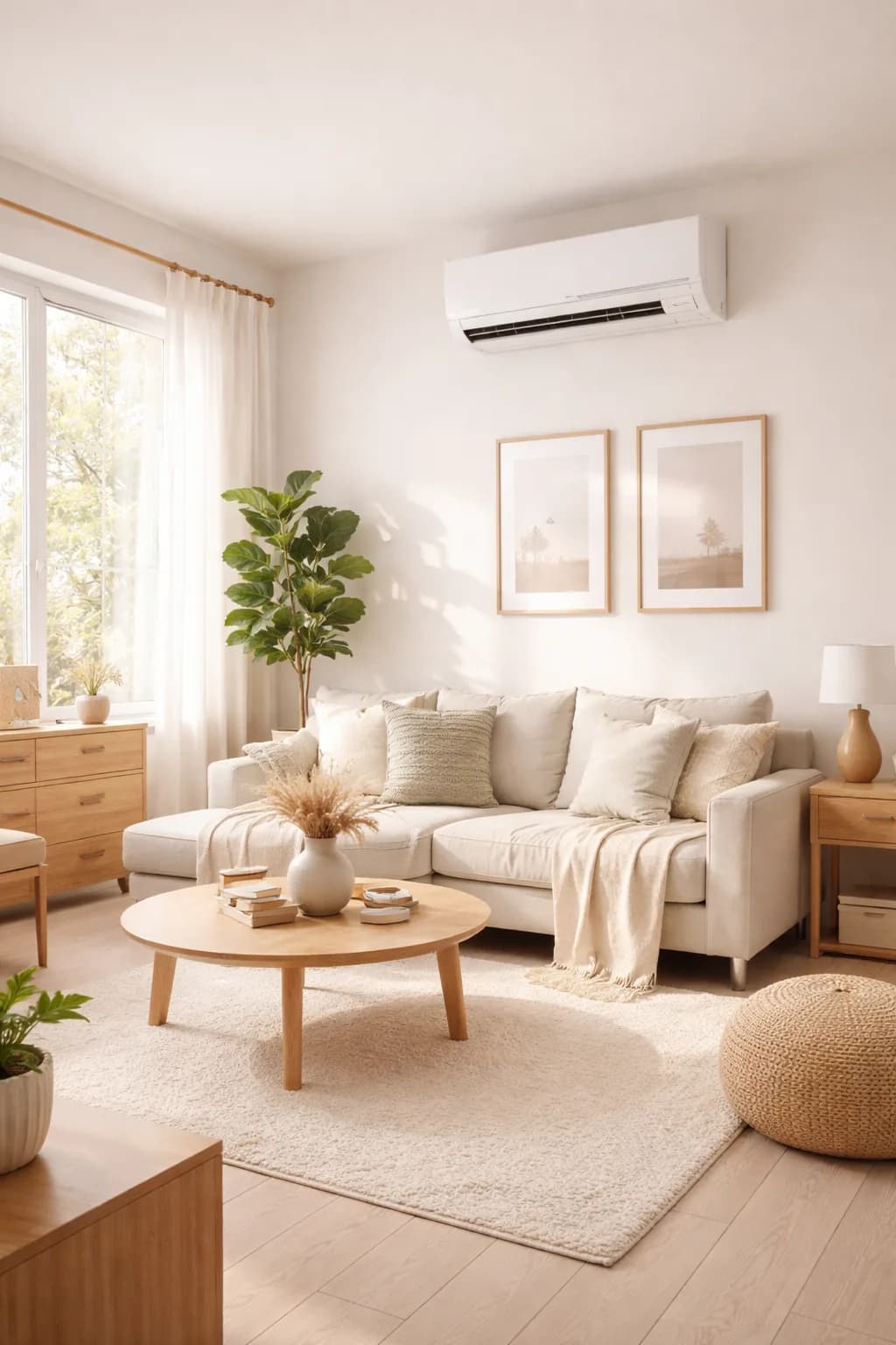 Interior moderno con mini split instalado — sala/recámara cómoda y luminosa